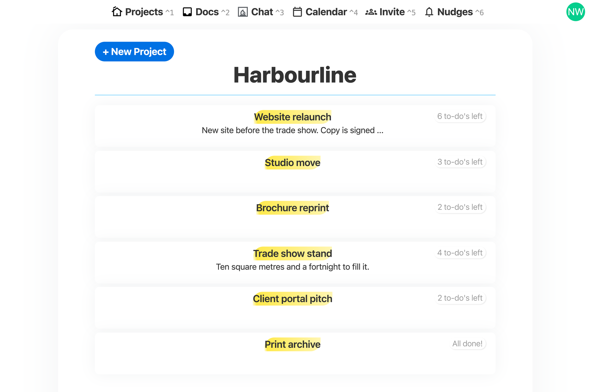 Six projects in one Bonfire account, each showing how many to-dos are left on it