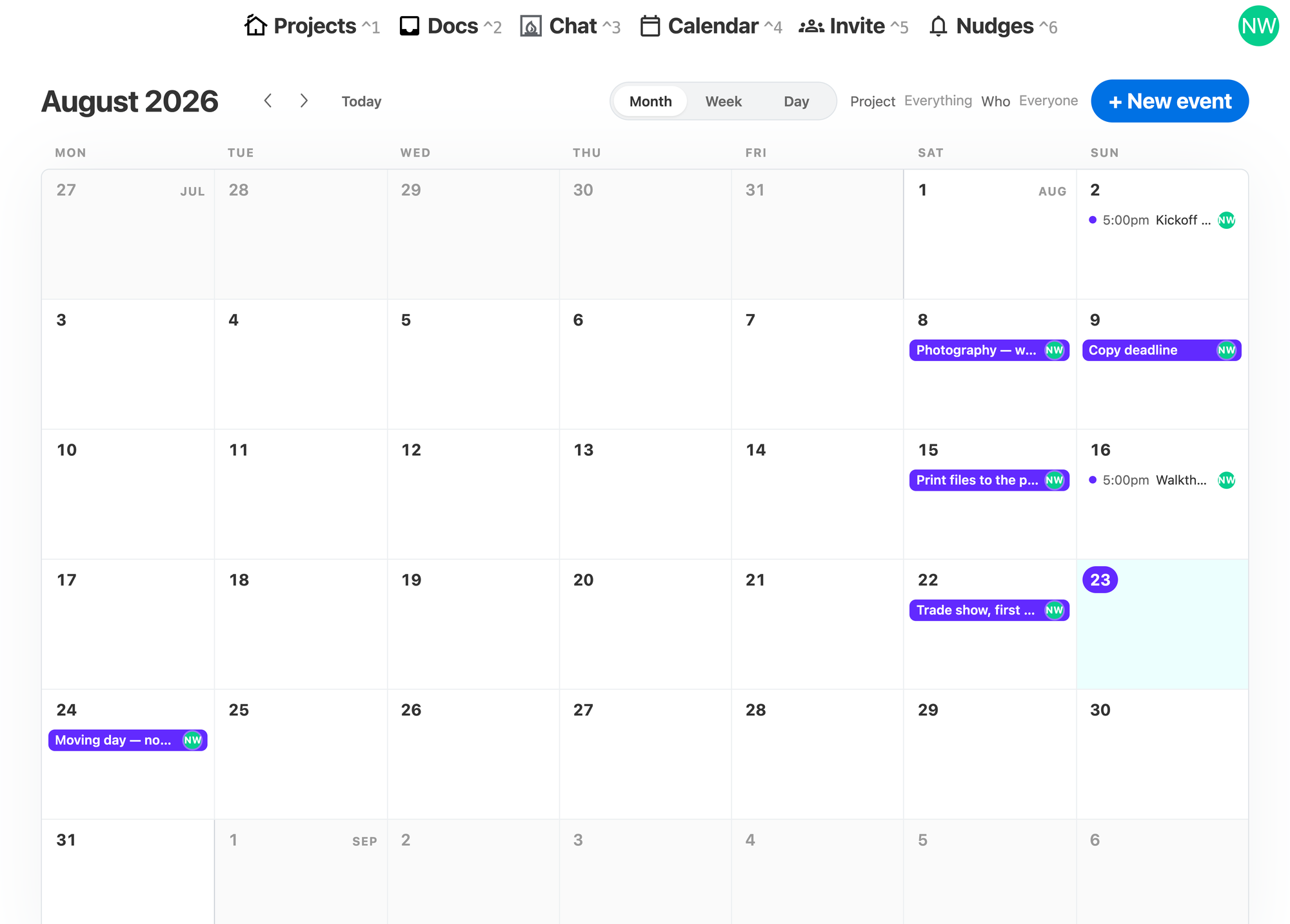 A month in Bonfire's calendar, with a project's deadlines and a moving day on it