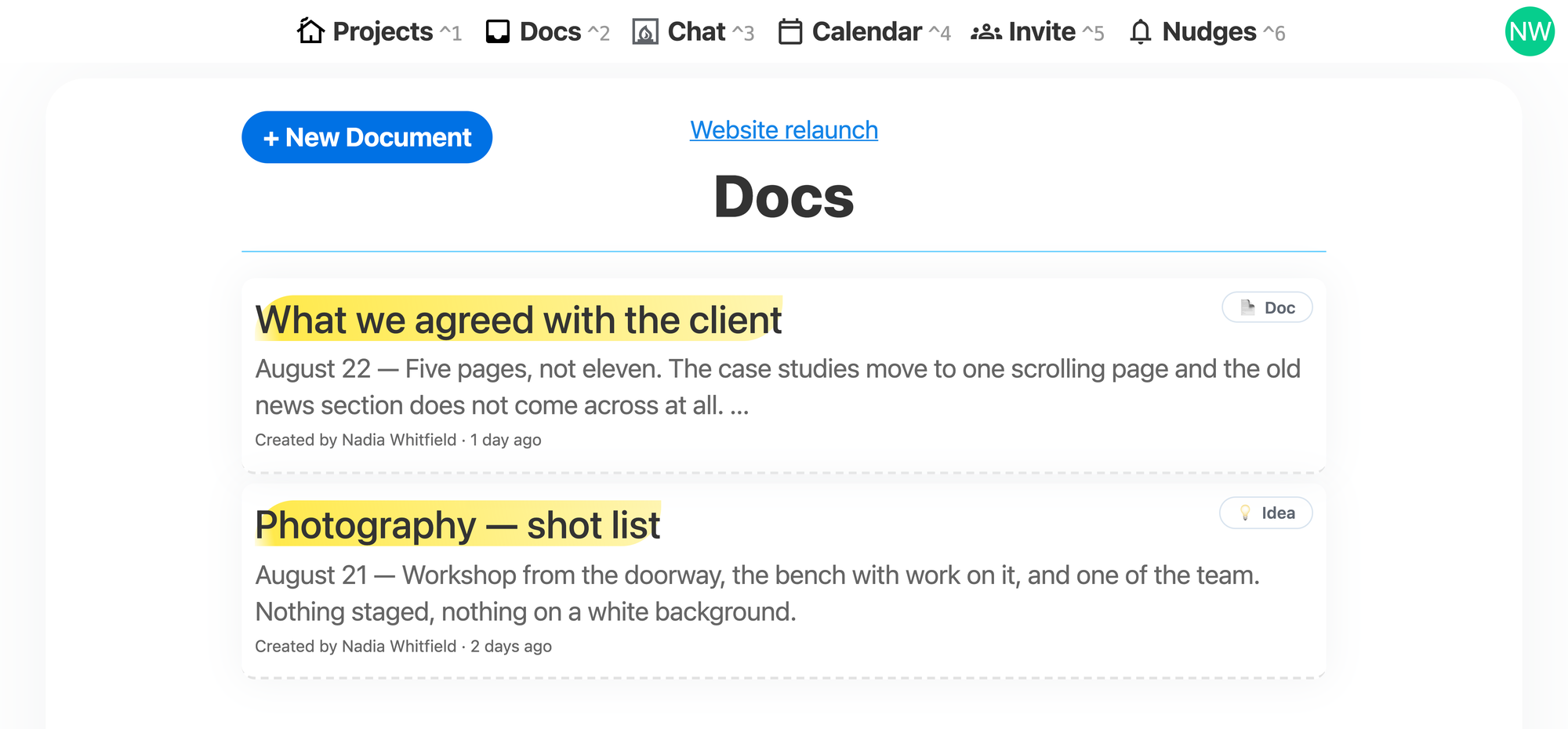 Two docs in a Bonfire project, one marked as a doc and one as an idea, each showing who wrote it and when